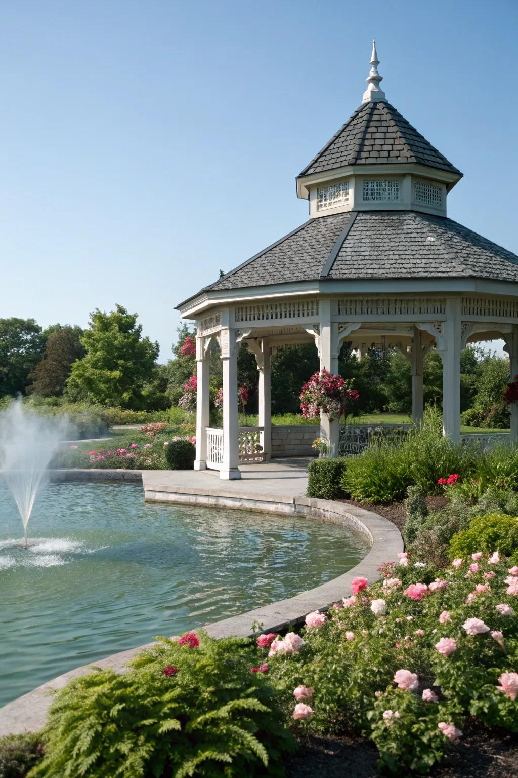 A pavilion enhanced by the tranquil sounds of a water feature.
