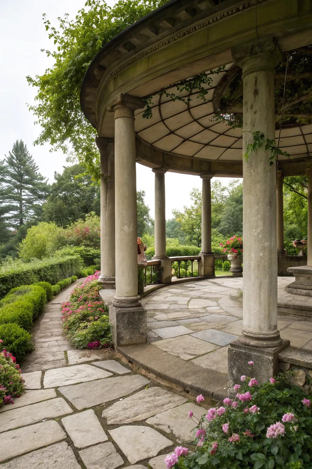 A pavilion that marries stone elegance with natural beauty.