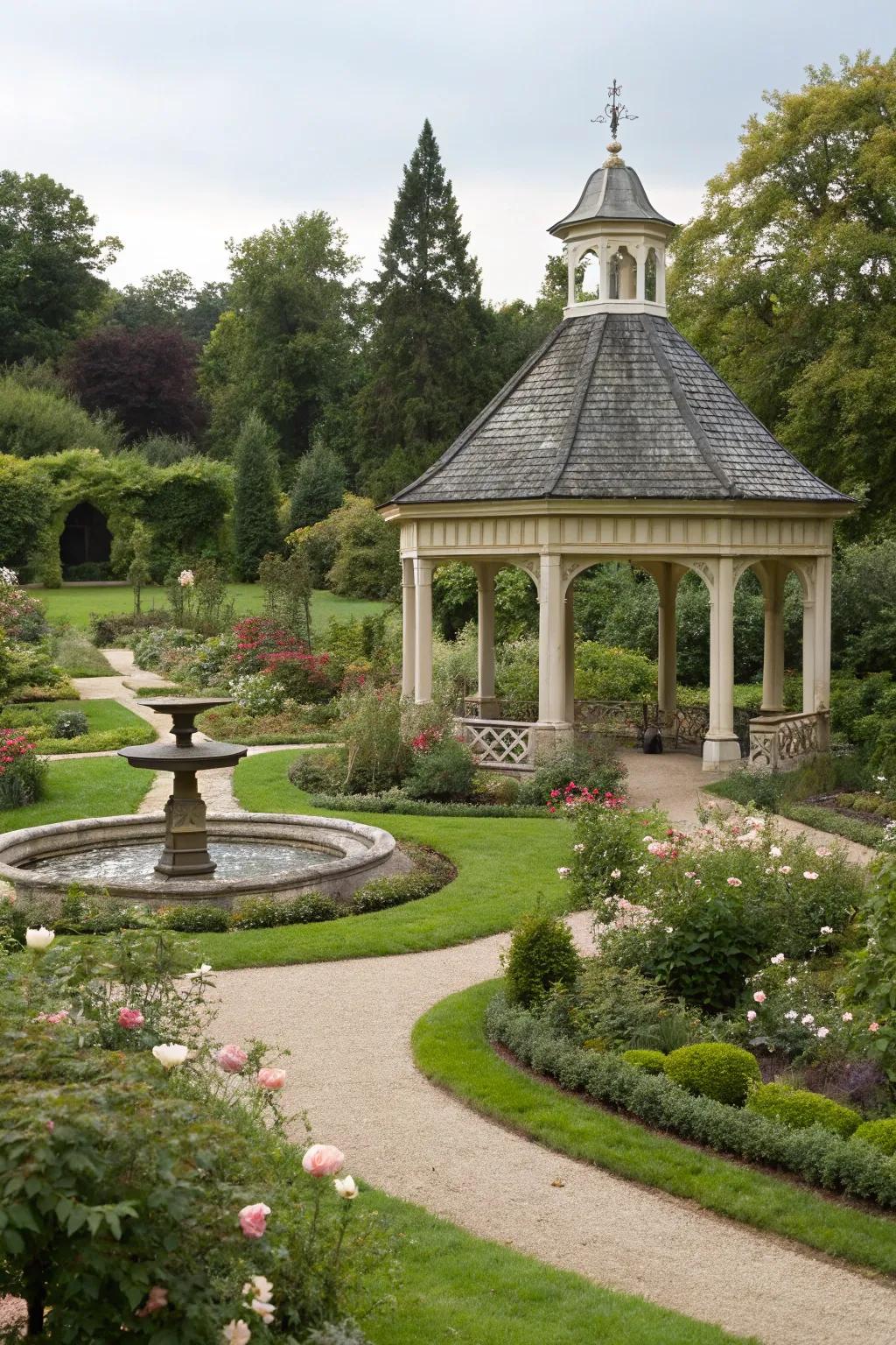 A pavilion with a gabled roof offering timeless appeal.