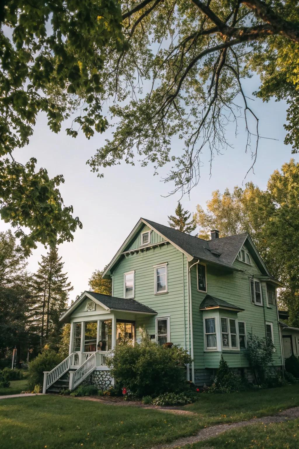 Nature-inspired tranquility with soft green siding.
