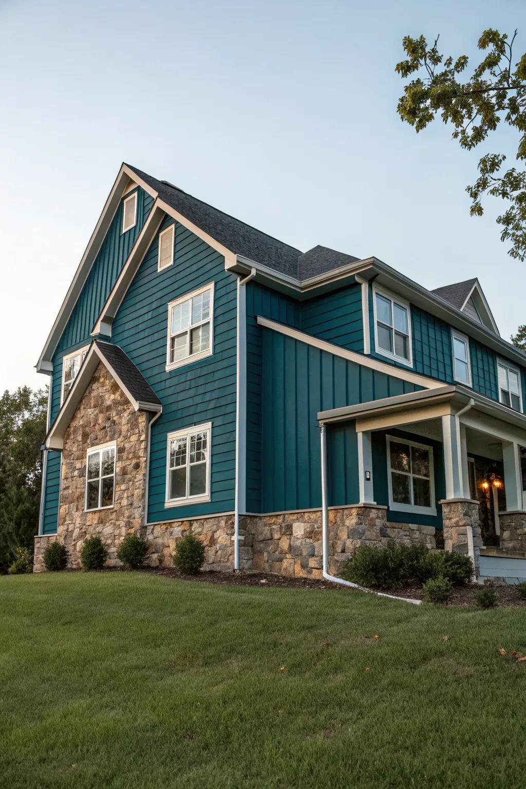 Vibrant sophistication with deep teal siding.