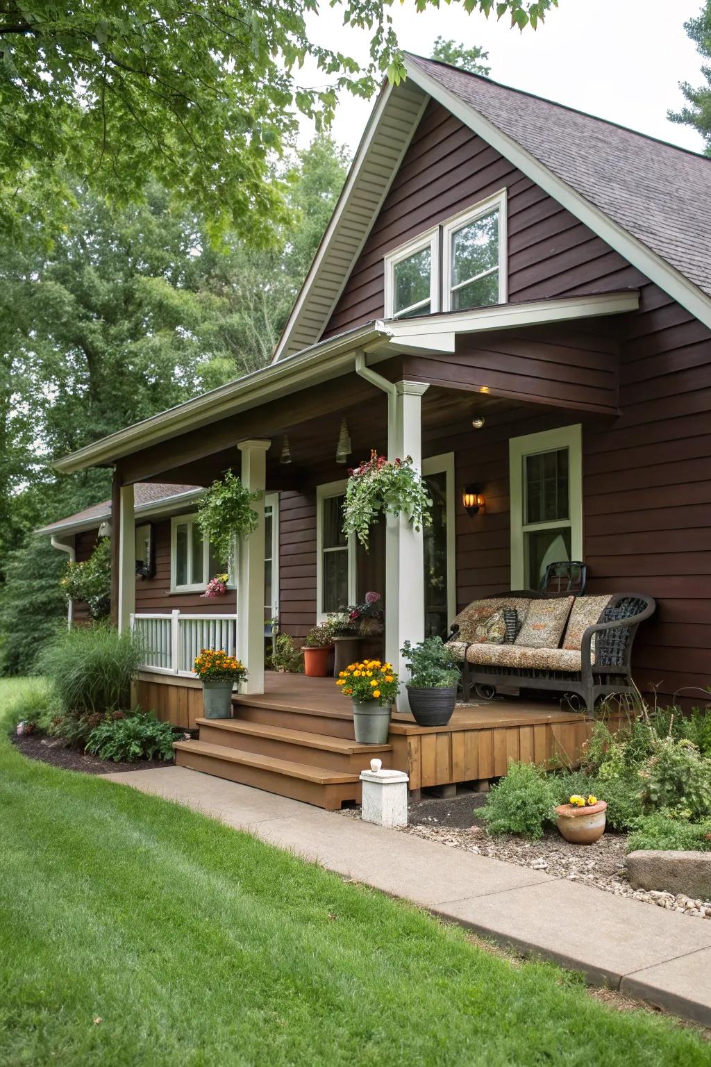 Bold coziness with rich espresso siding.