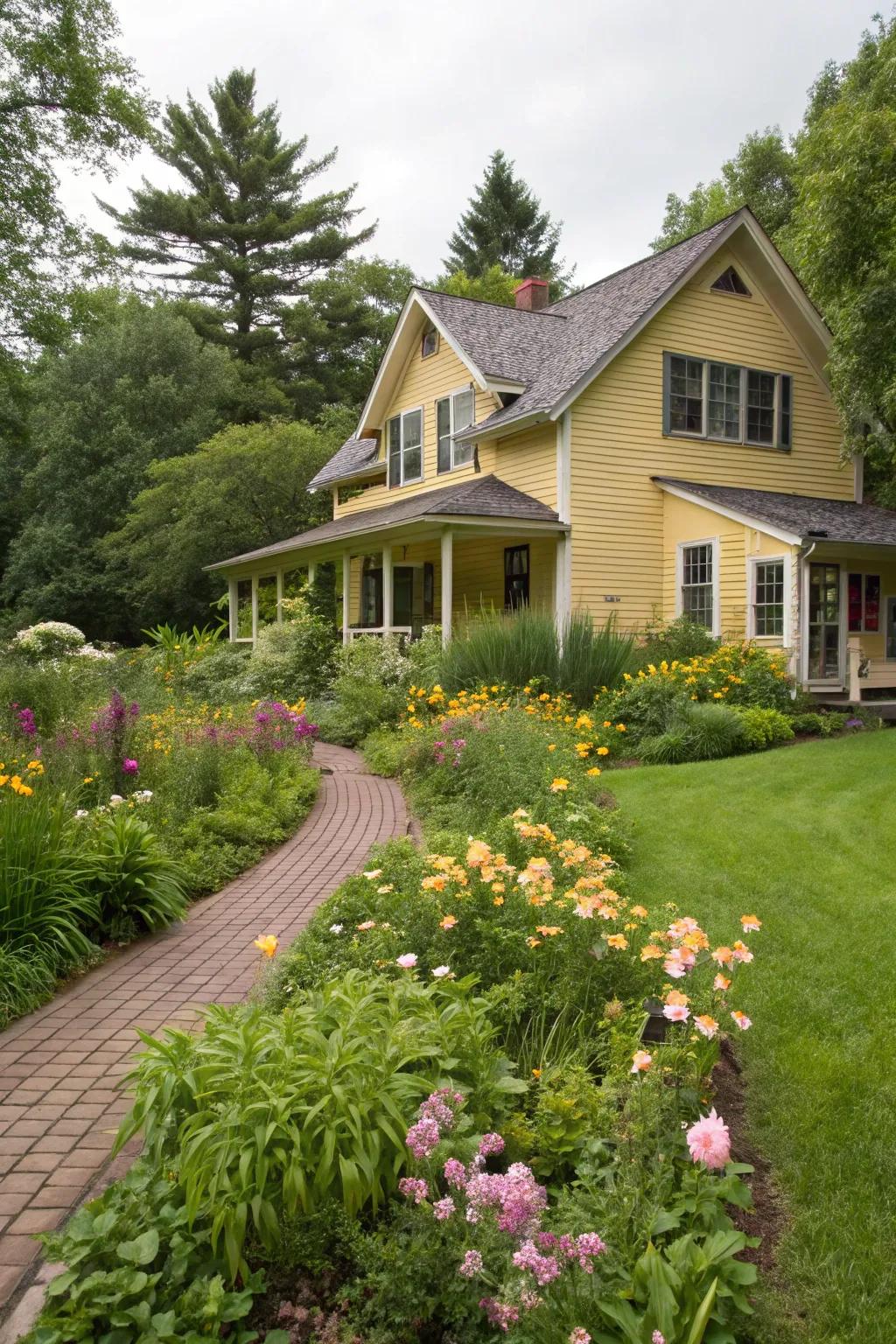 A sunny yellow house that welcomes with warmth and cheer.