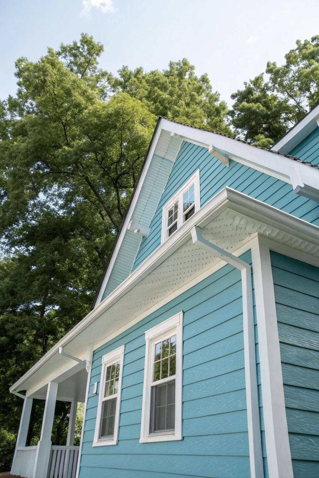 A serene retreat with powder blue siding.