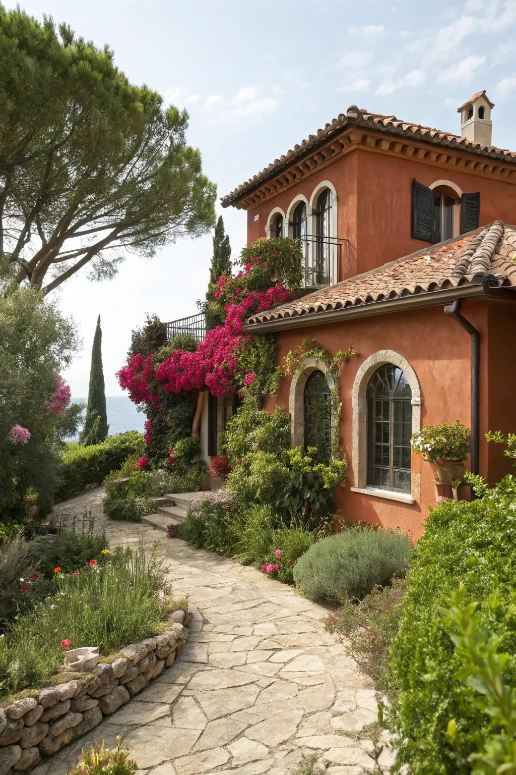 Mediterranean warmth with terracotta siding.