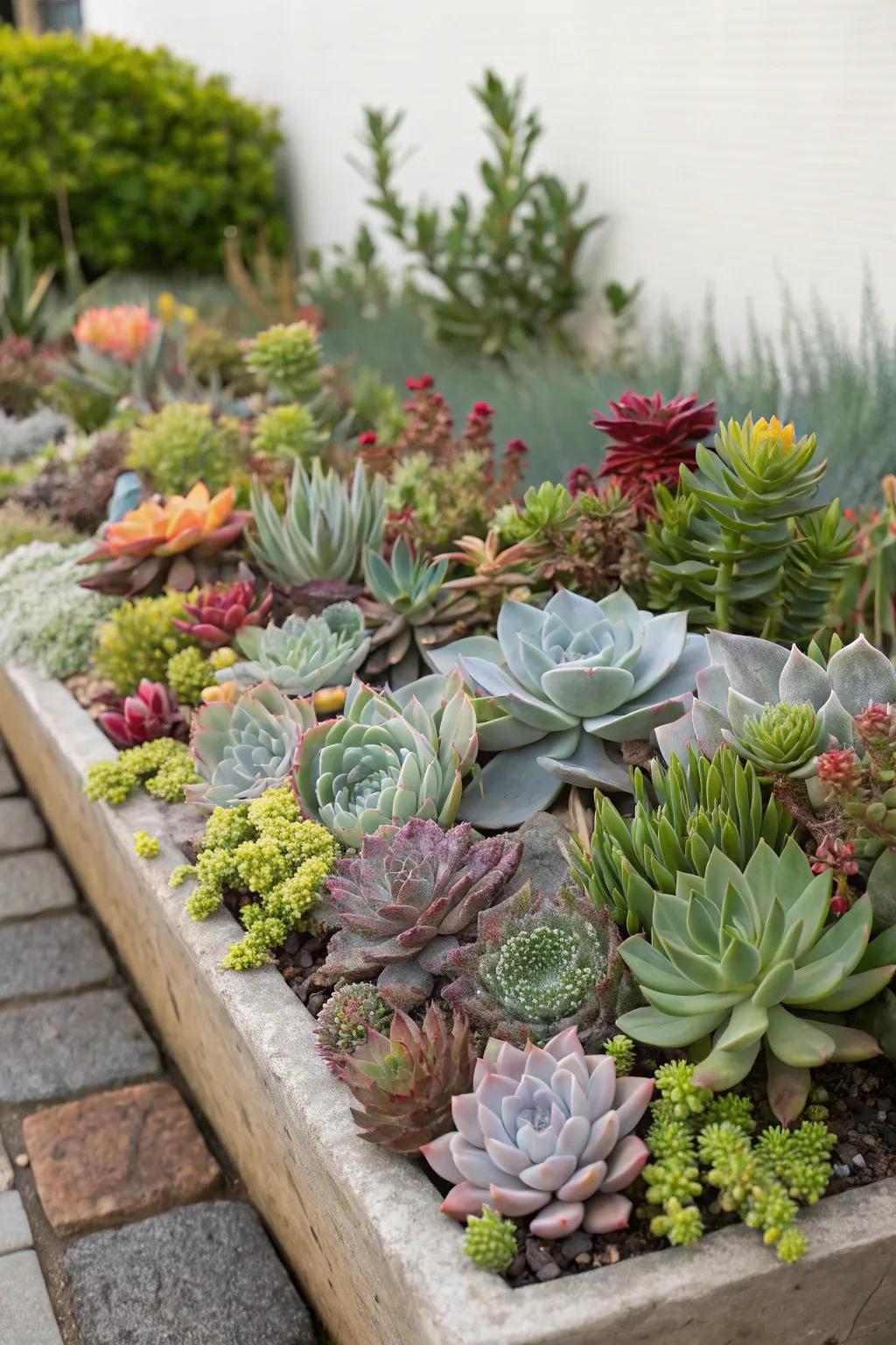 A succulent-filled flower bed offering a unique and low-maintenance beauty.