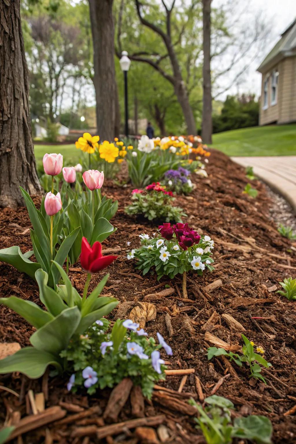 A freshly mulched flower bed that enhances the garden's visual appeal.