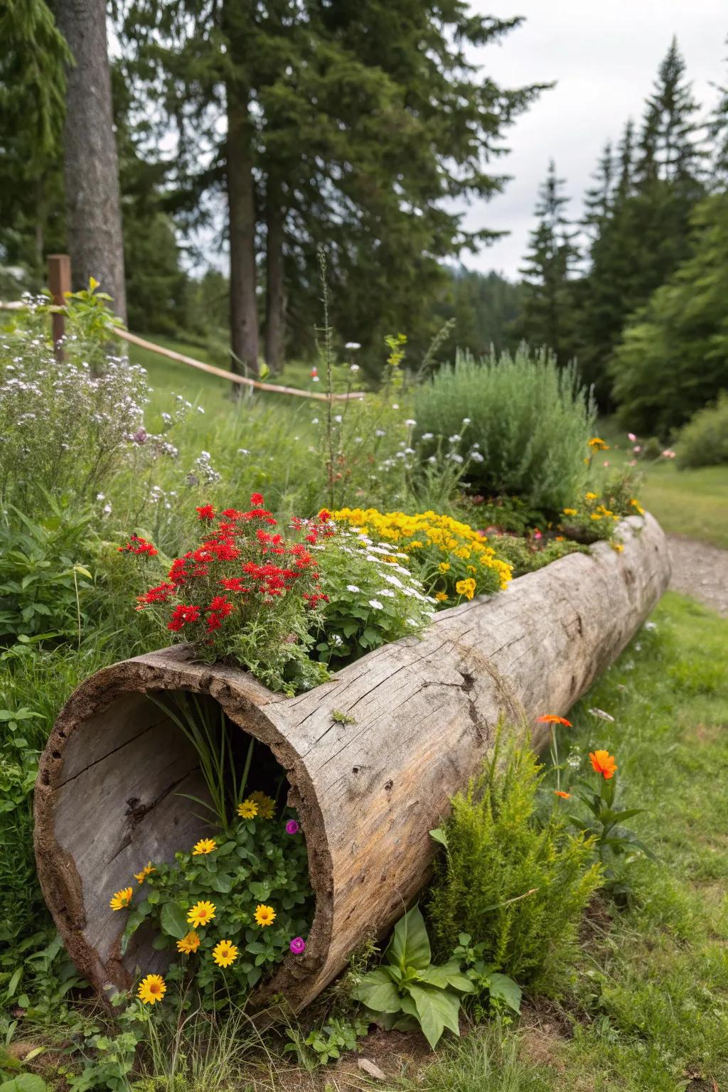 A rustic log planter filled with wildflowers, bringing woodland charm to the garden.