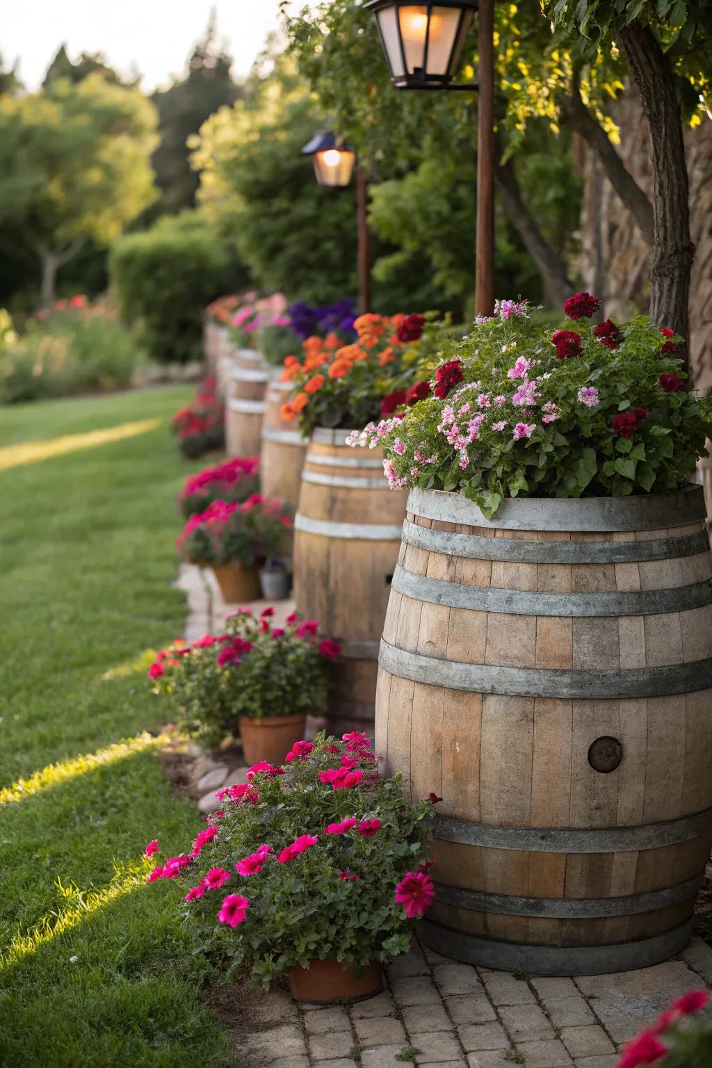 Elegant wine barrel planters adding a touch of romance to the garden.