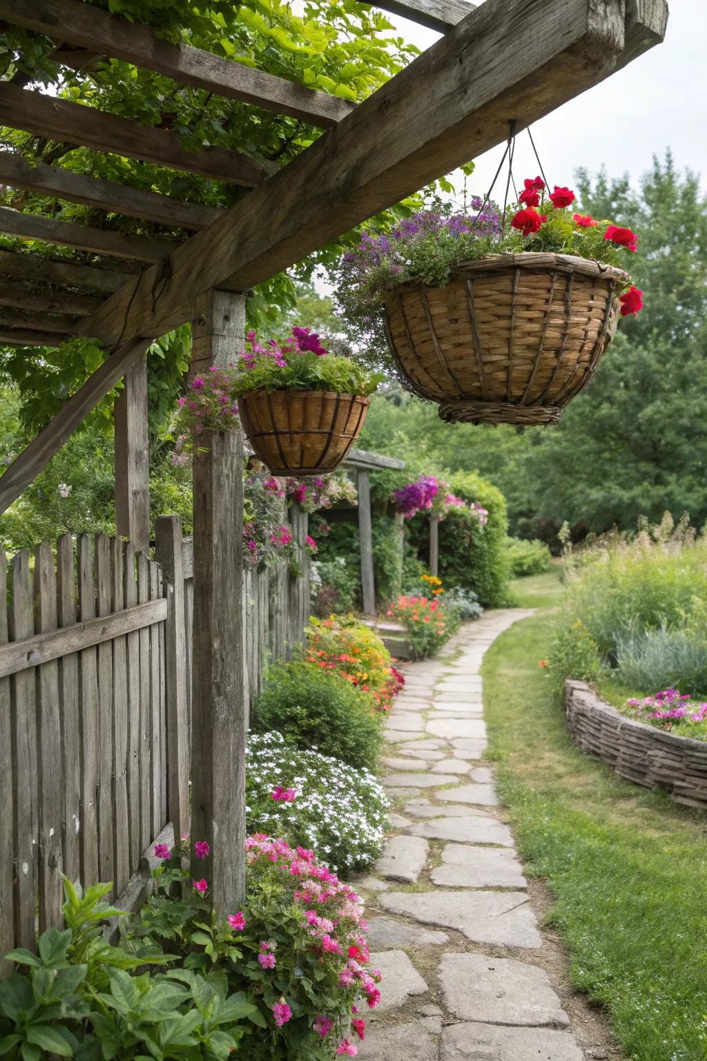 Rustic basket planters that offer portability and charm to any garden area.