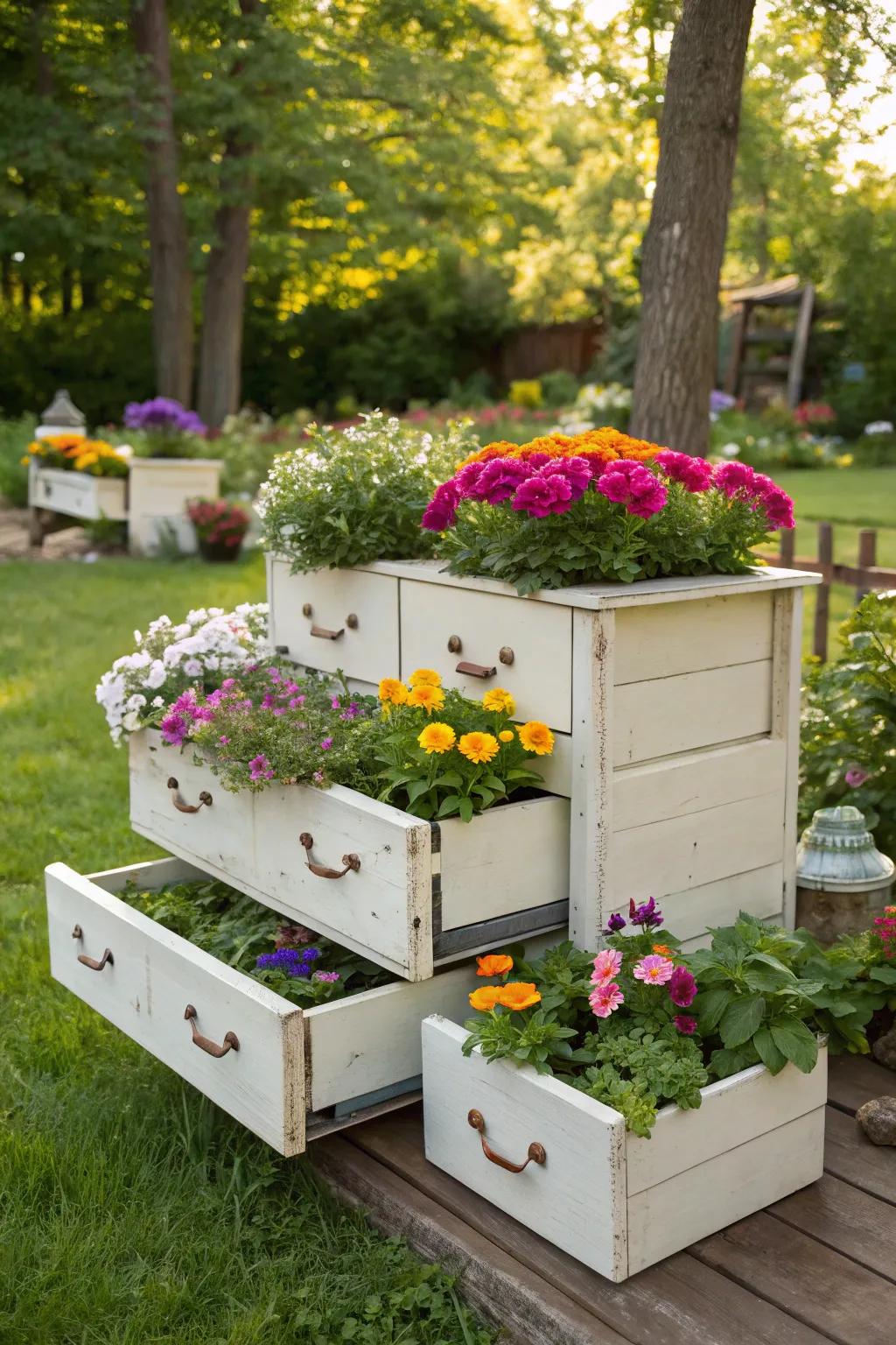 Charming drawer planters filled with colorful flowers, adding whimsical magic to the garden.