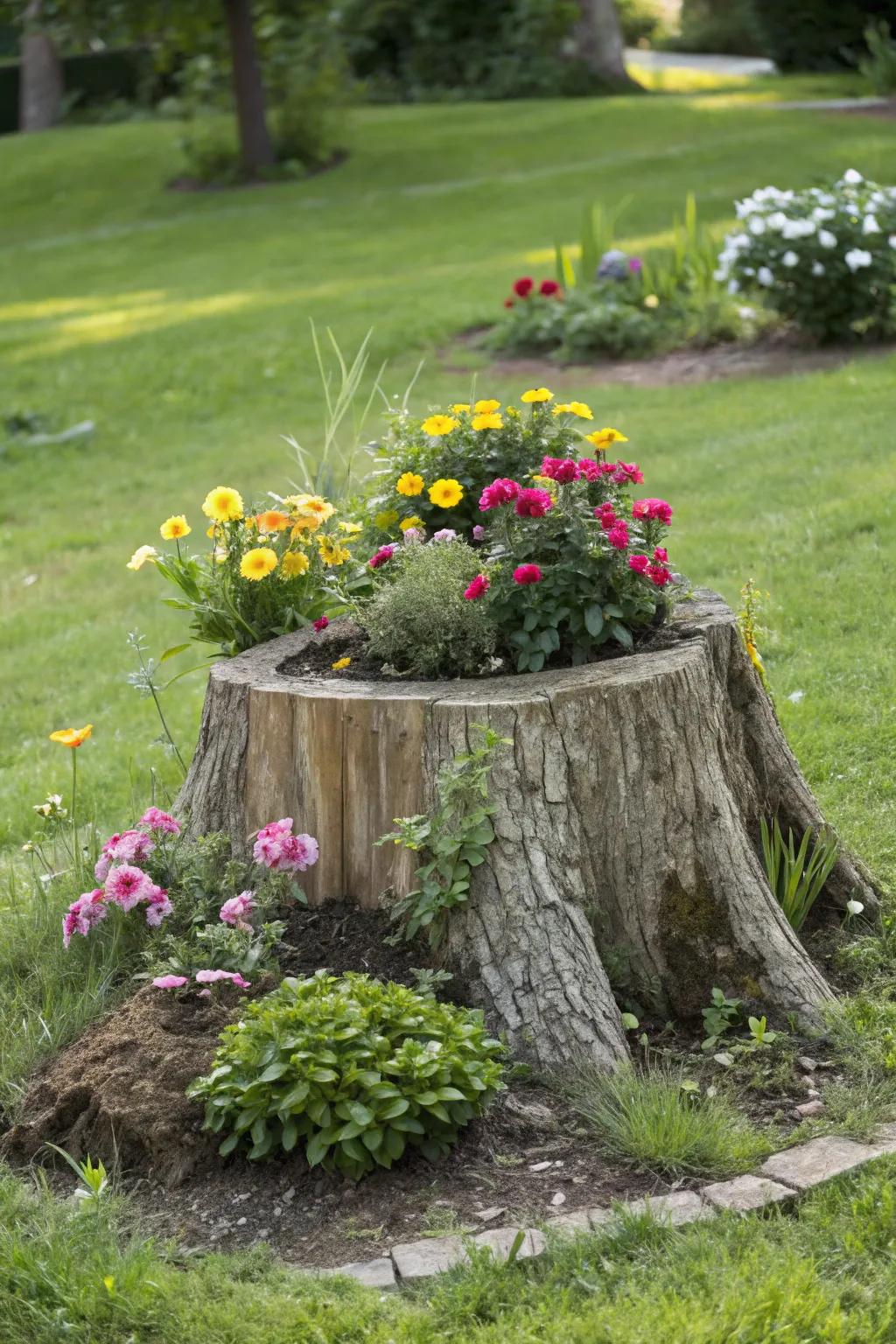 A tree stump transformed into a natural flower planter, breathing new life into the garden.