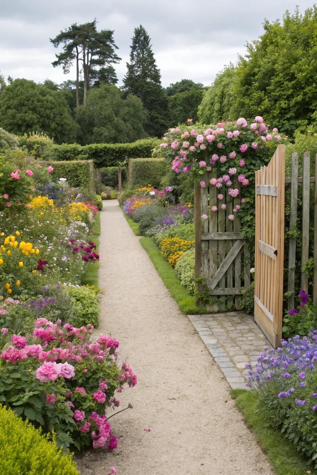Flower beds lining a pathway, offering a colorful and inviting garden experience.