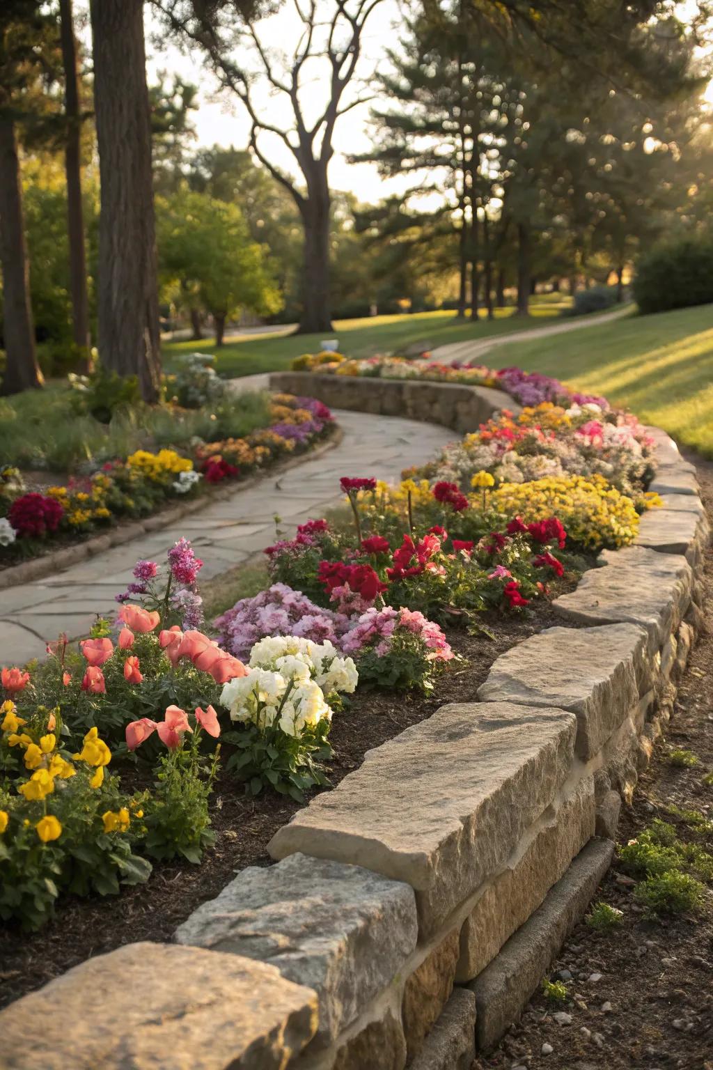 Flower bed with a charming natural stone border that adds definition and style.