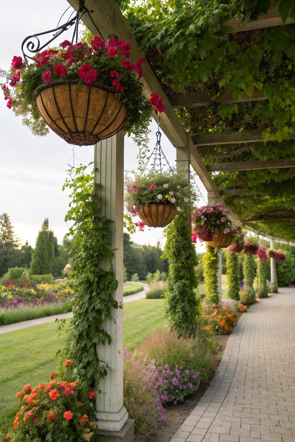 Hanging baskets filled with flowers adding vertical interest to a garden pergola.