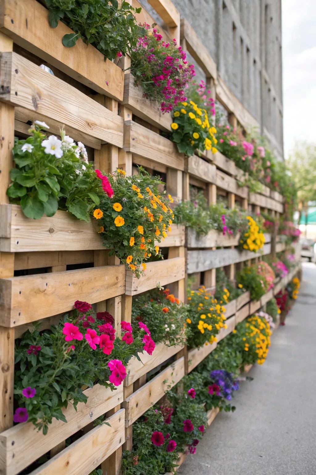 A stunning vertical flower wall that brings height and color to the garden.