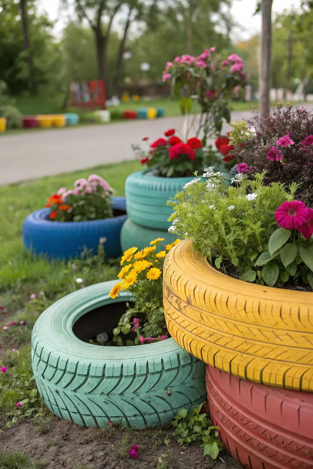 Recycled tire planters adding an eco-friendly and playful touch to the garden.