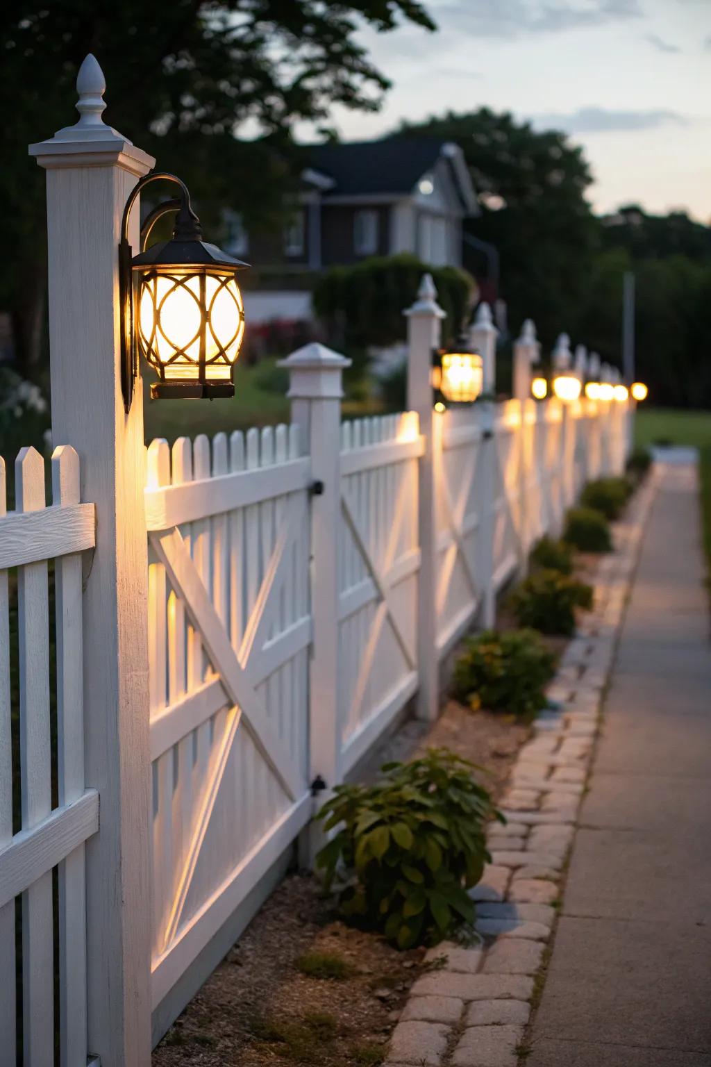 Light fixtures add ambiance to white fences.
