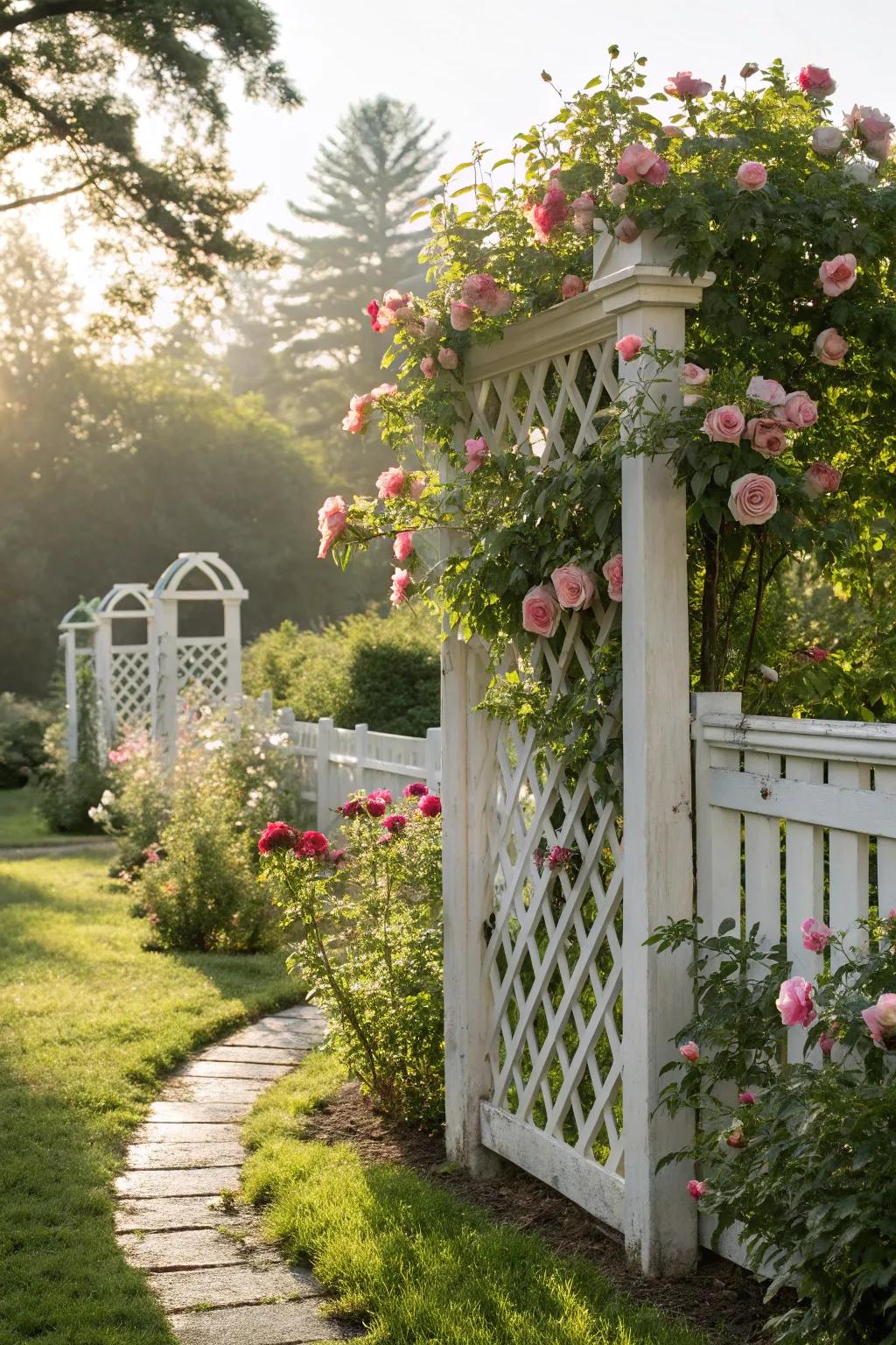 White lattice fences add romance to gardens.