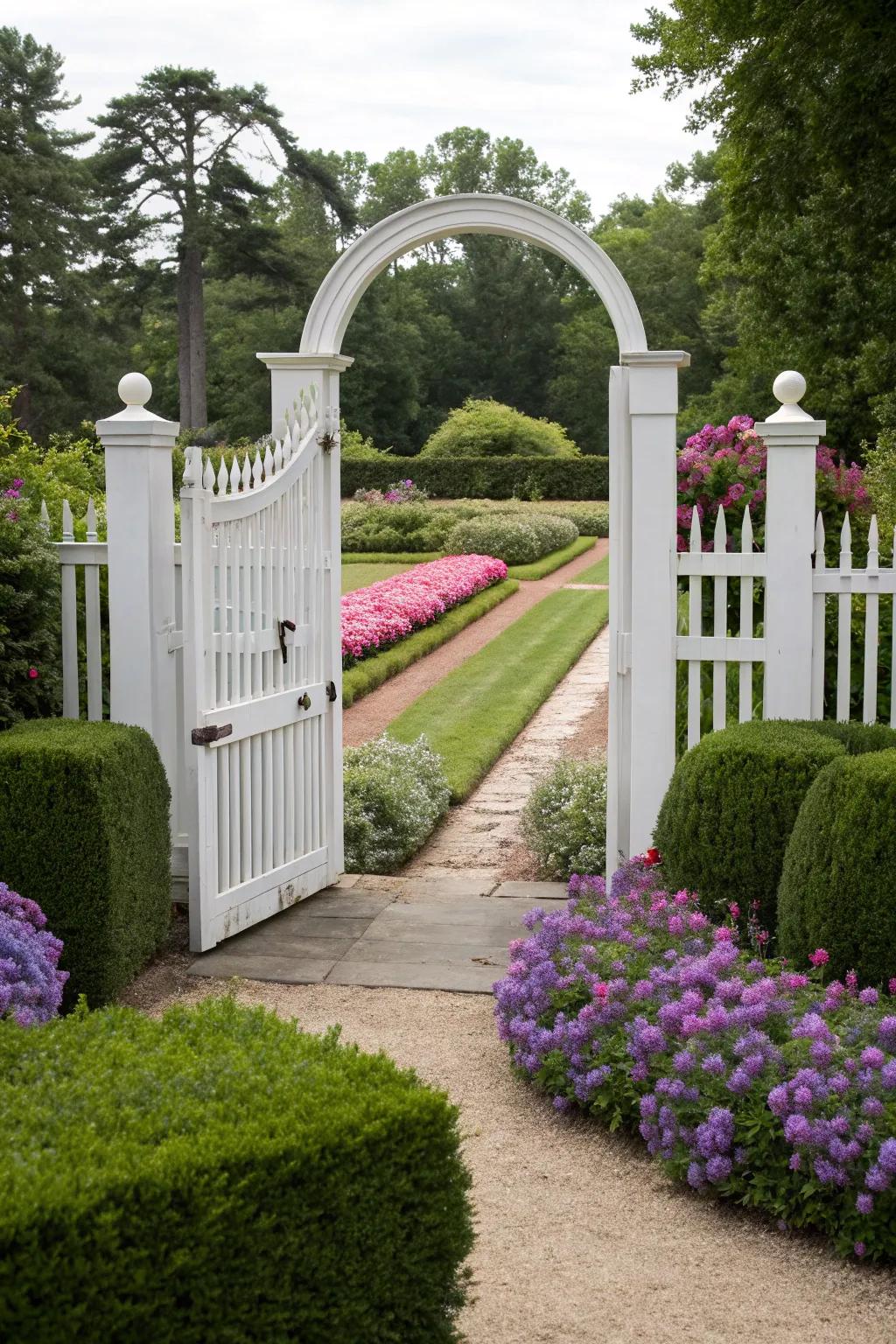 An arched gate adds elegance to a white fence.