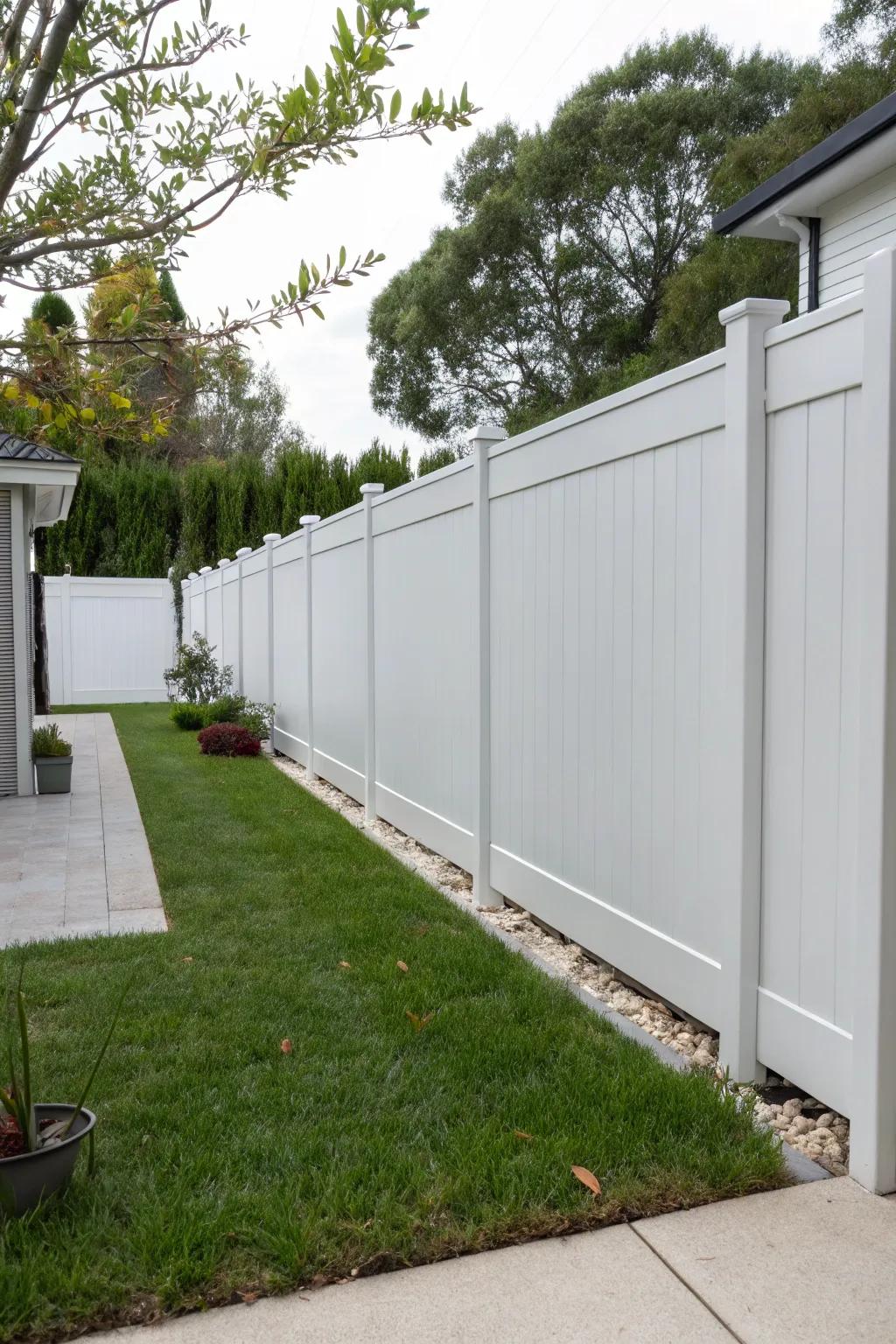 Modern white fences offer privacy with a sleek look.