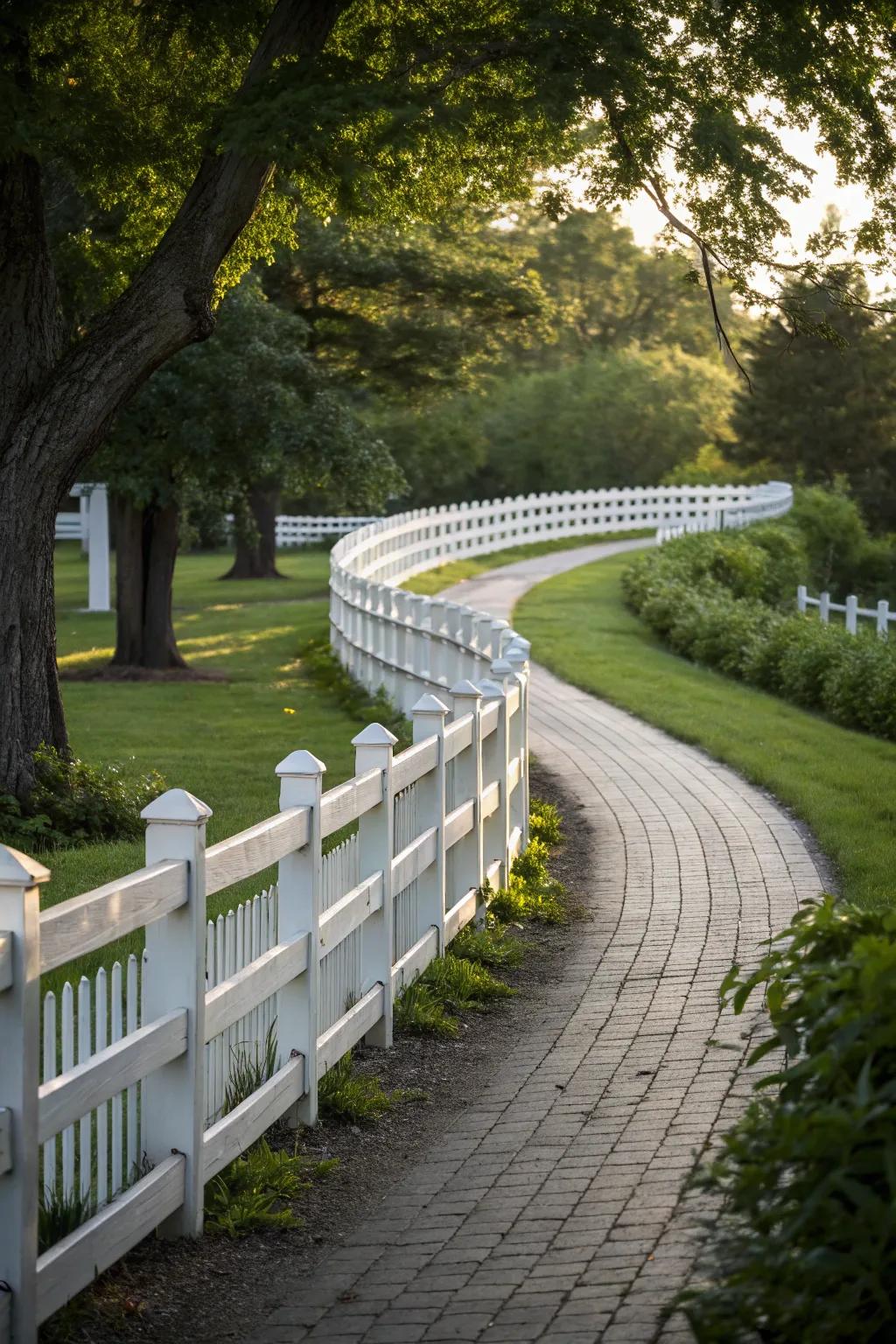 Curved white fences create a whimsical garden path.