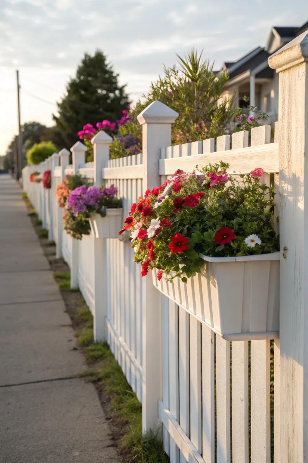 Built-in planters bring greenery to white fences.