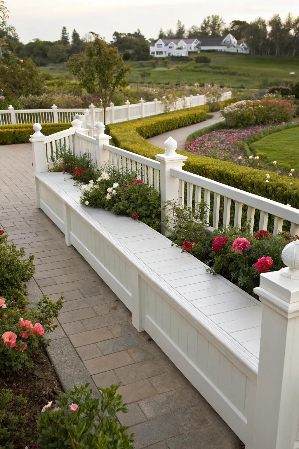 Integrated seating maximizes space in white fences.