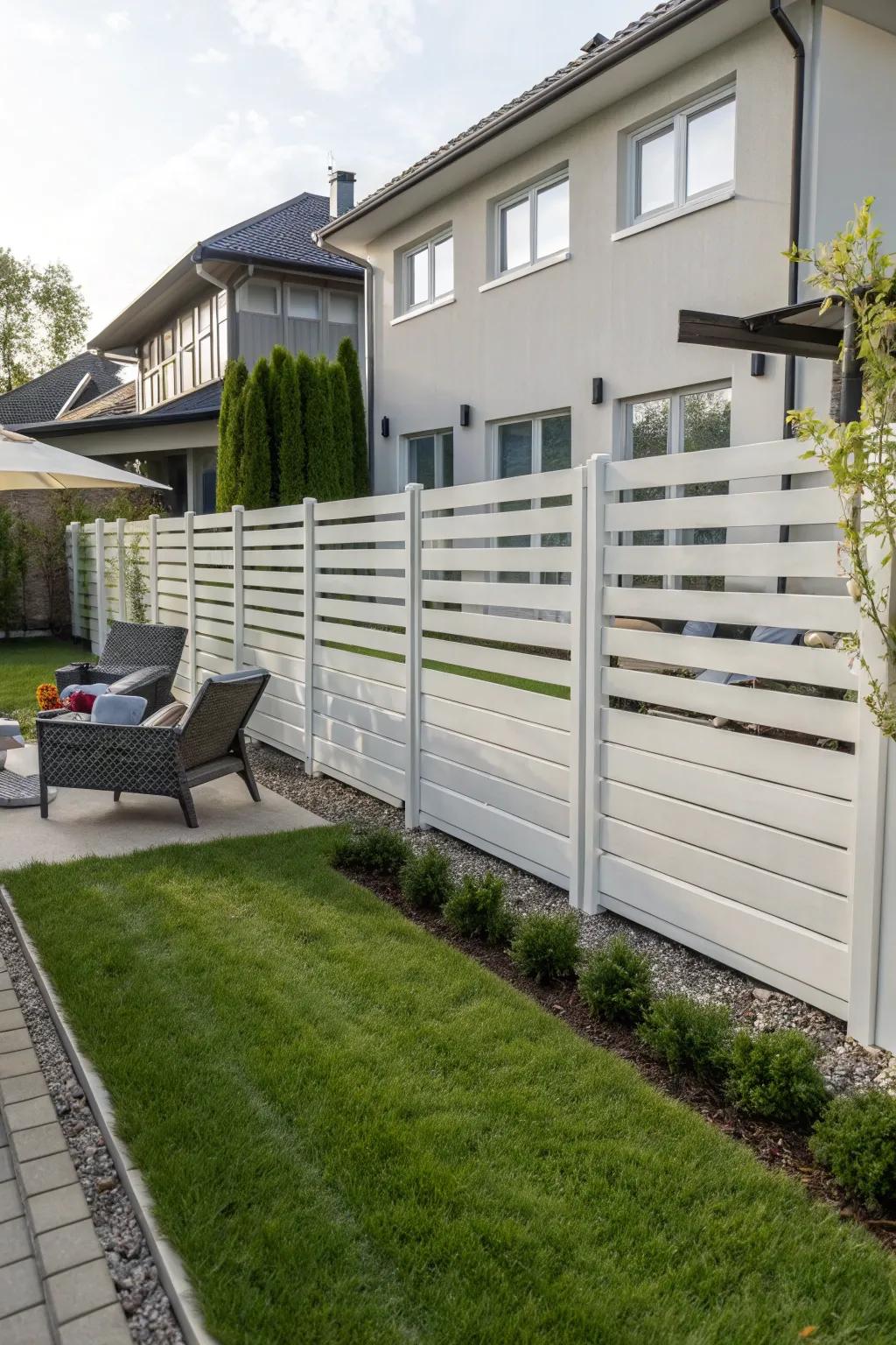 Horizontal slat fences offer a contemporary aesthetic.