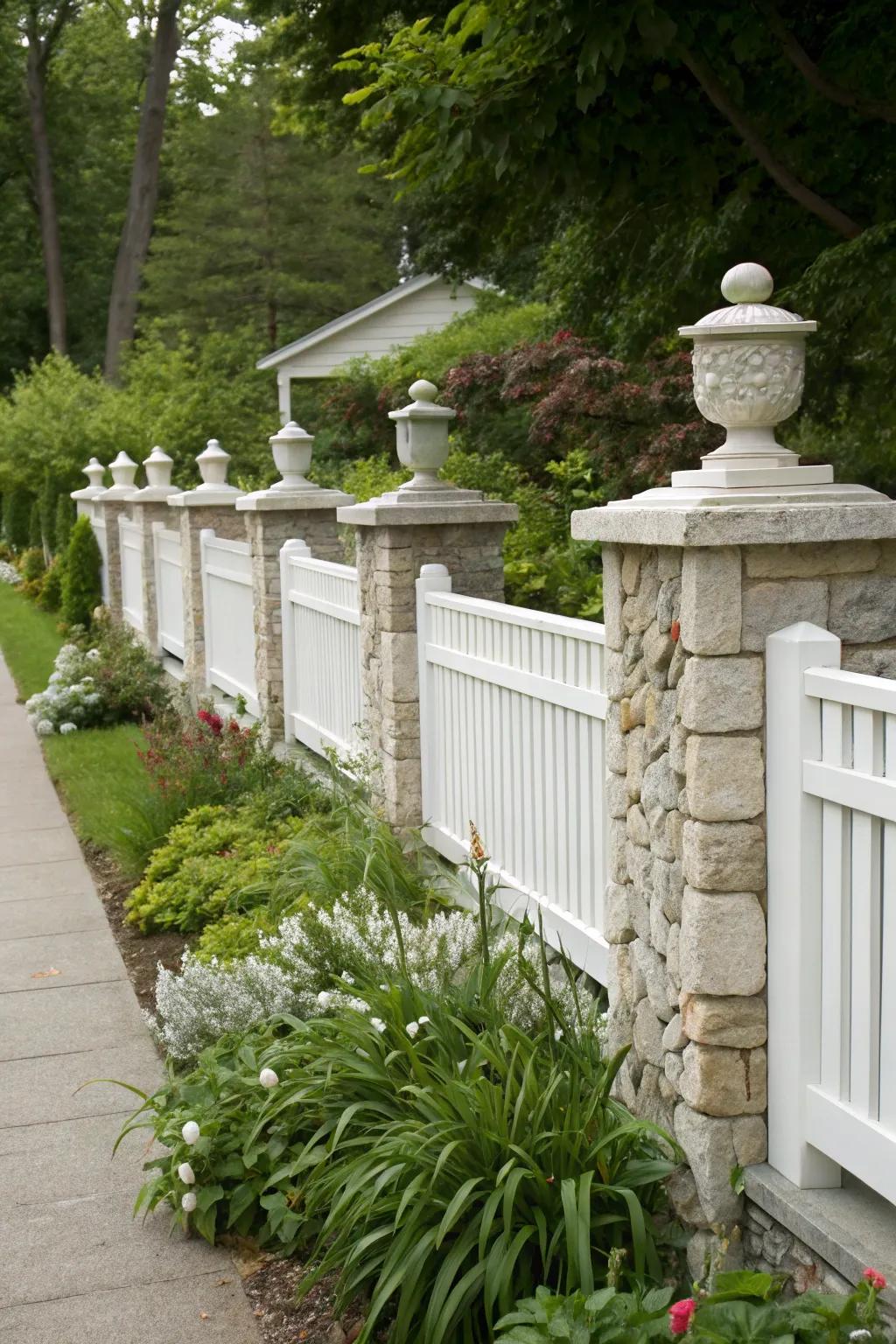 Stone accents add texture to white fences.