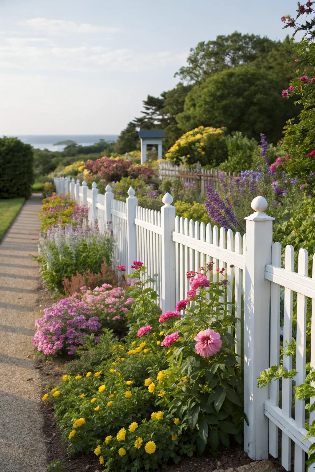 White garden fences add a decorative touch to landscaping.