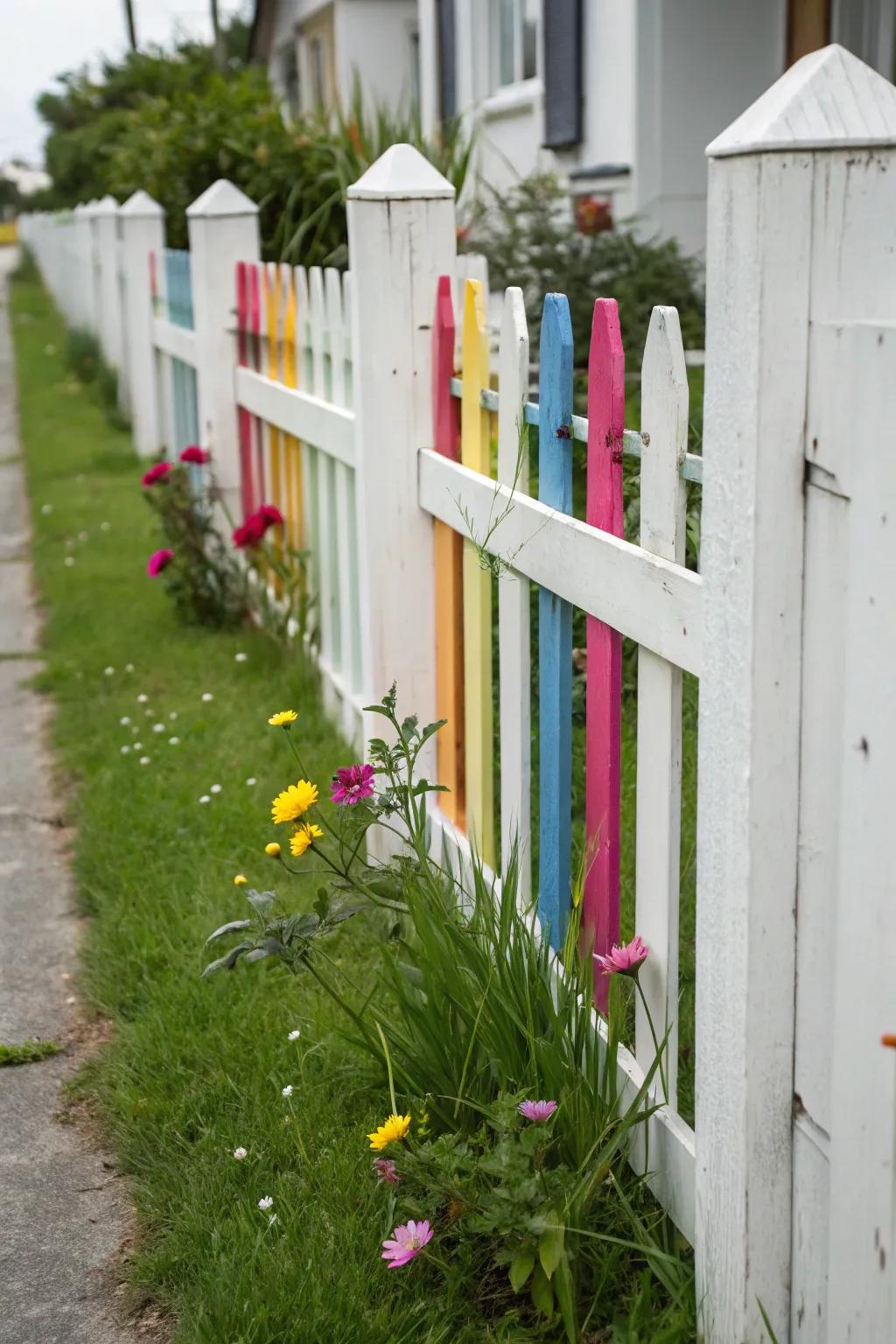 Colorful accents personalize white fences.