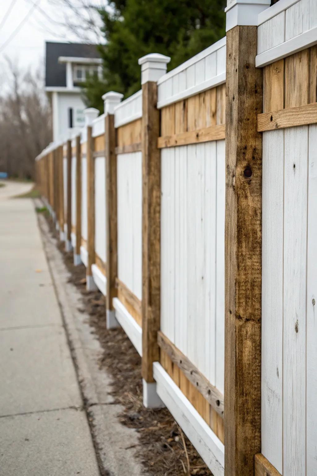 Mixed materials add interest to white fences.