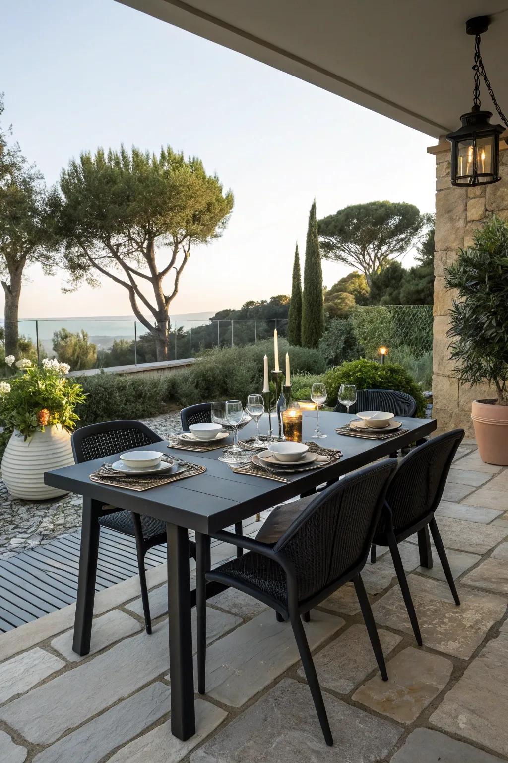 A sleek black dining area invites alfresco dining experiences.