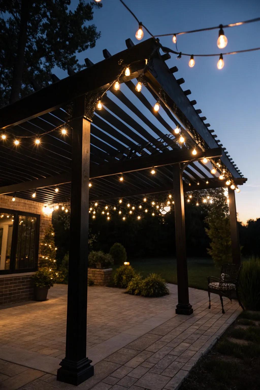 Enchanting string lights transform the patio into a magical retreat.
