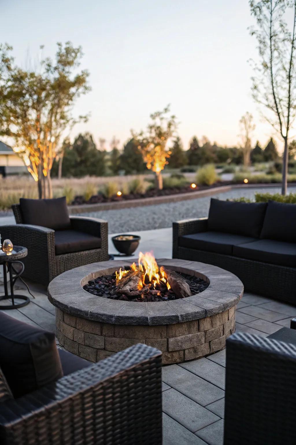 A central fire pit adds warmth and a focal point for gatherings.