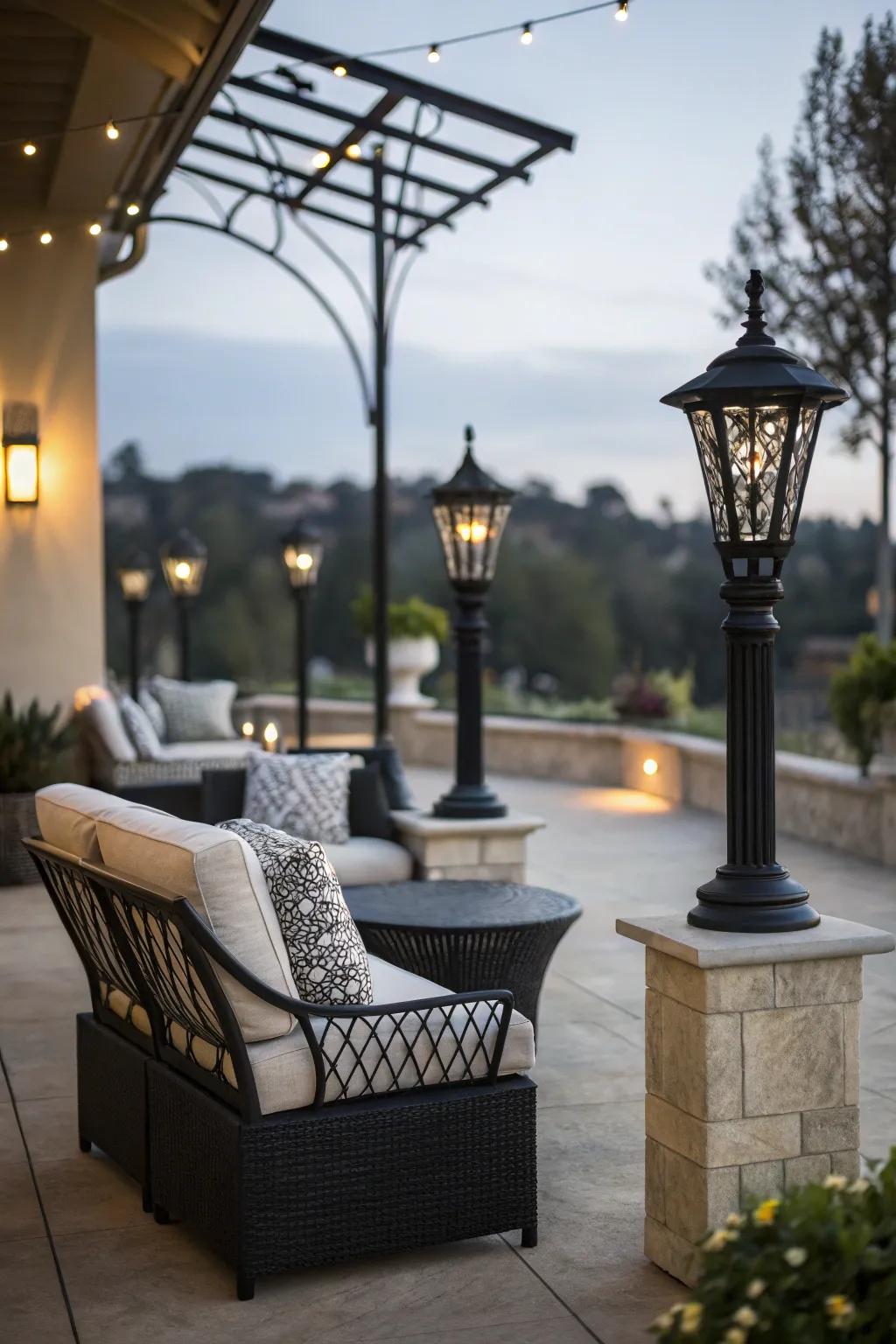 Dramatic black accents give the patio a bold, contemporary edge.