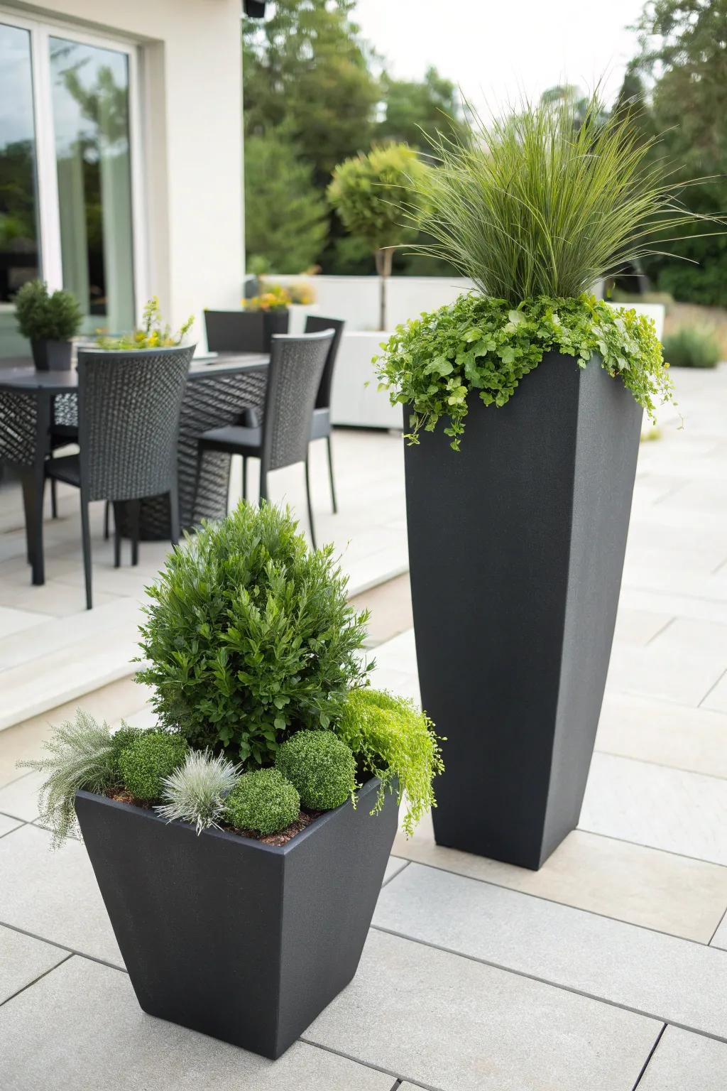 Modern planters add an artistic touch to the patio's greenery.