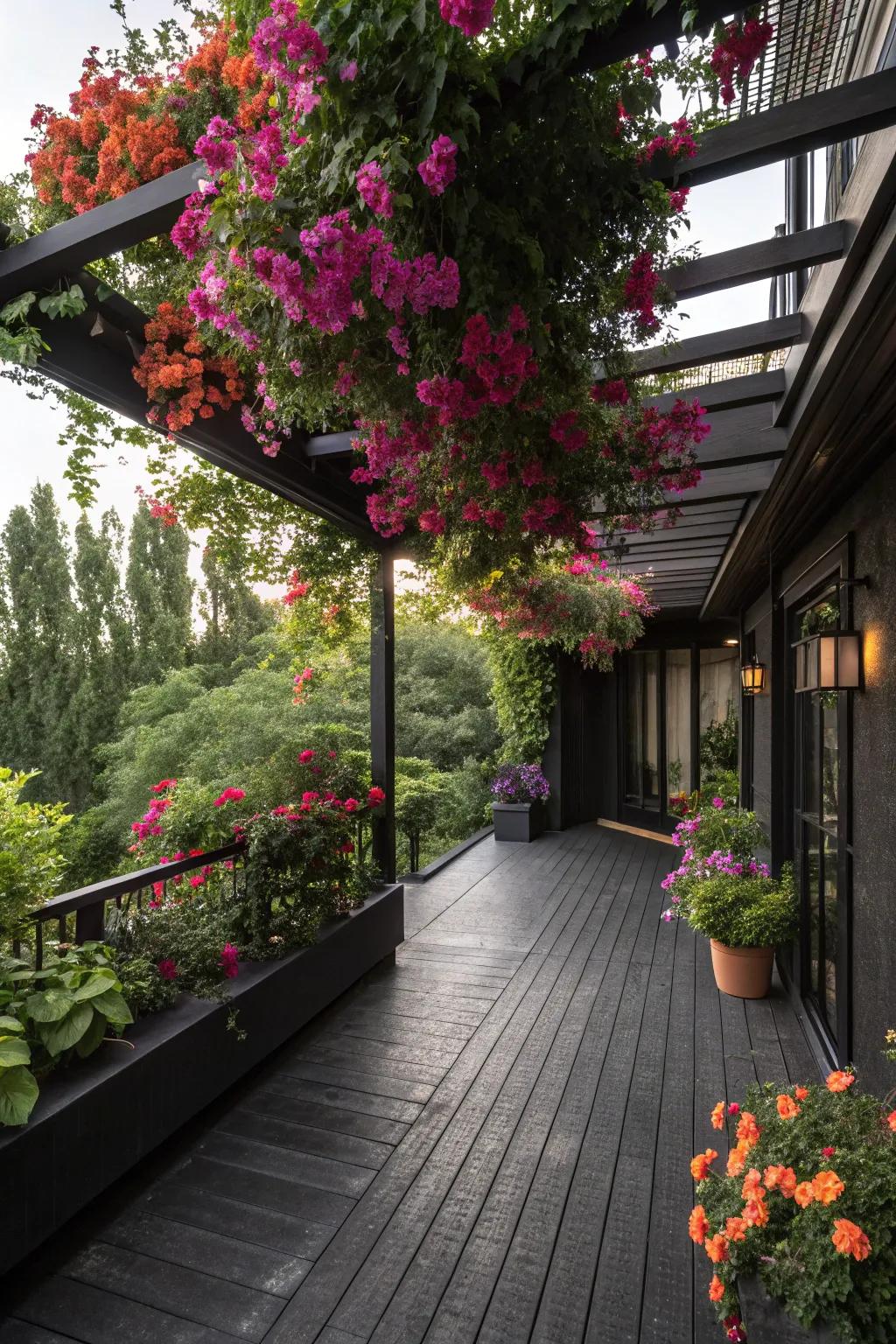 A lush hanging garden brings unexpected vibrancy to the patio.
