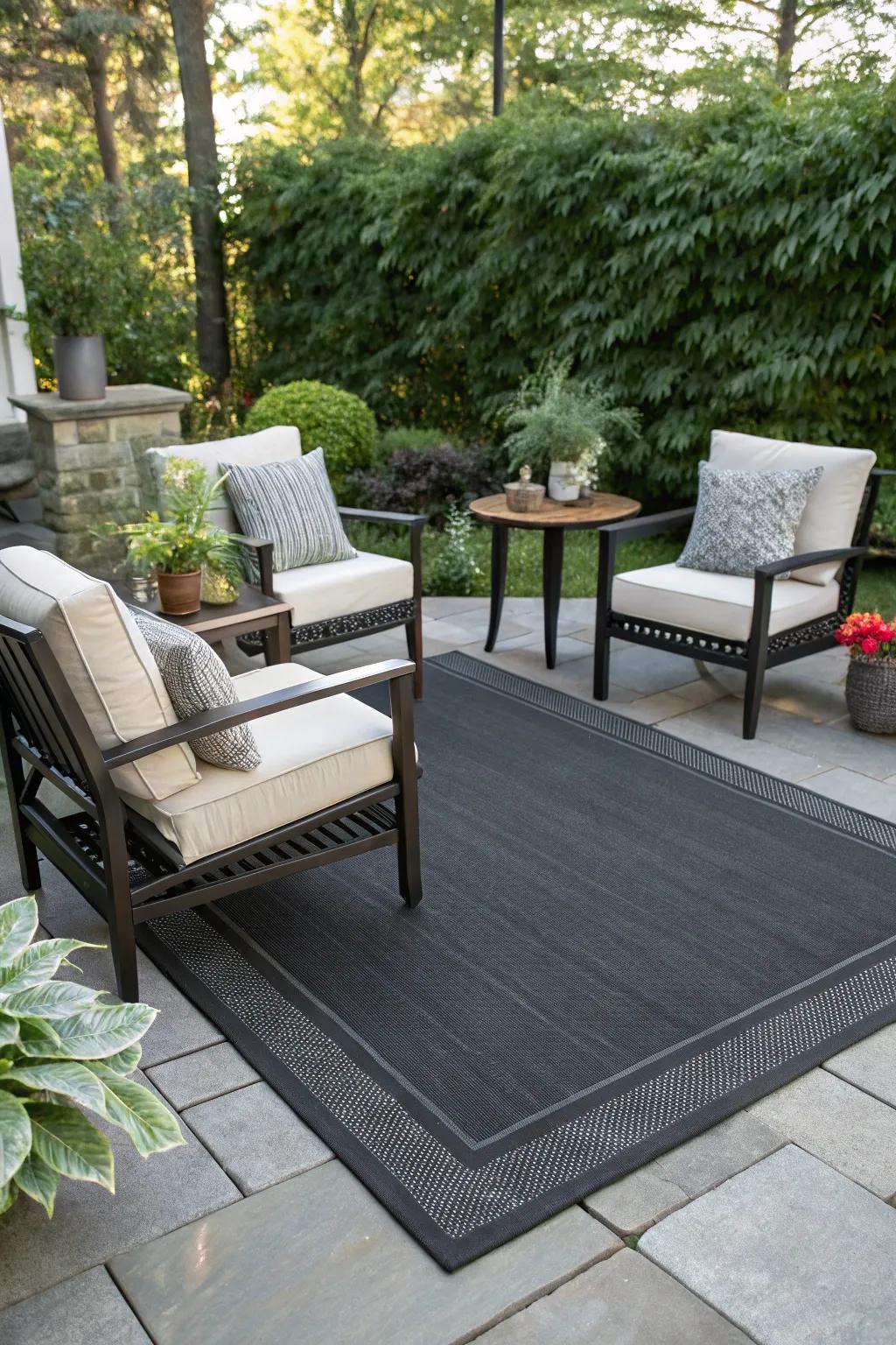 A chic black rug anchors the patio's furniture setup beautifully.