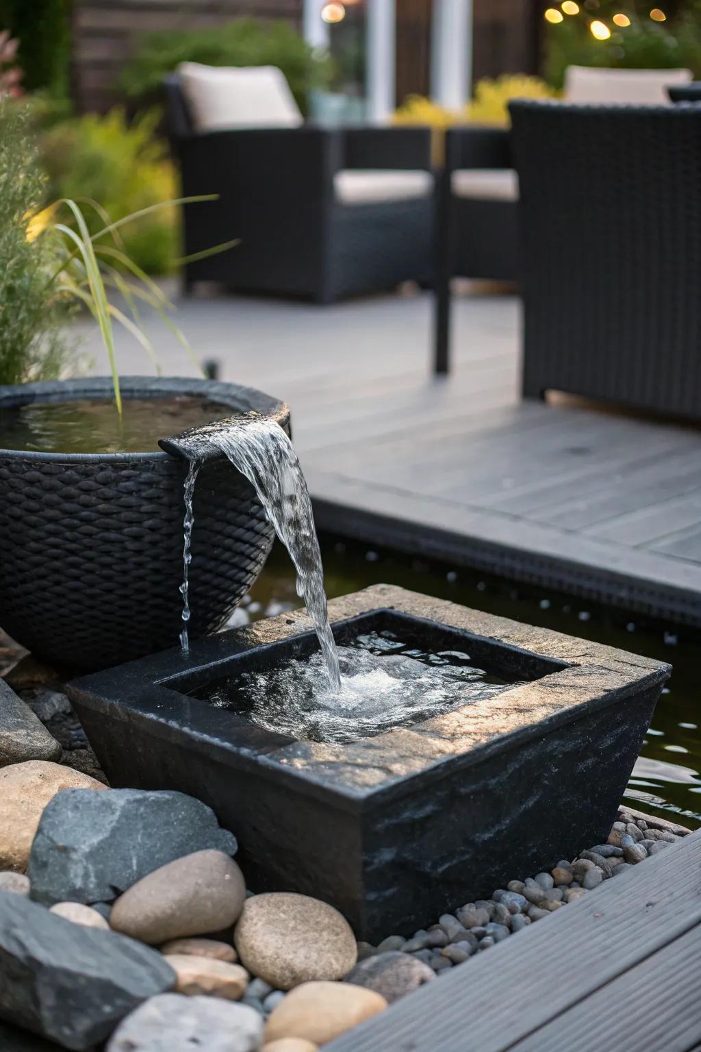 An unexpected water feature adds tranquility to the black patio.