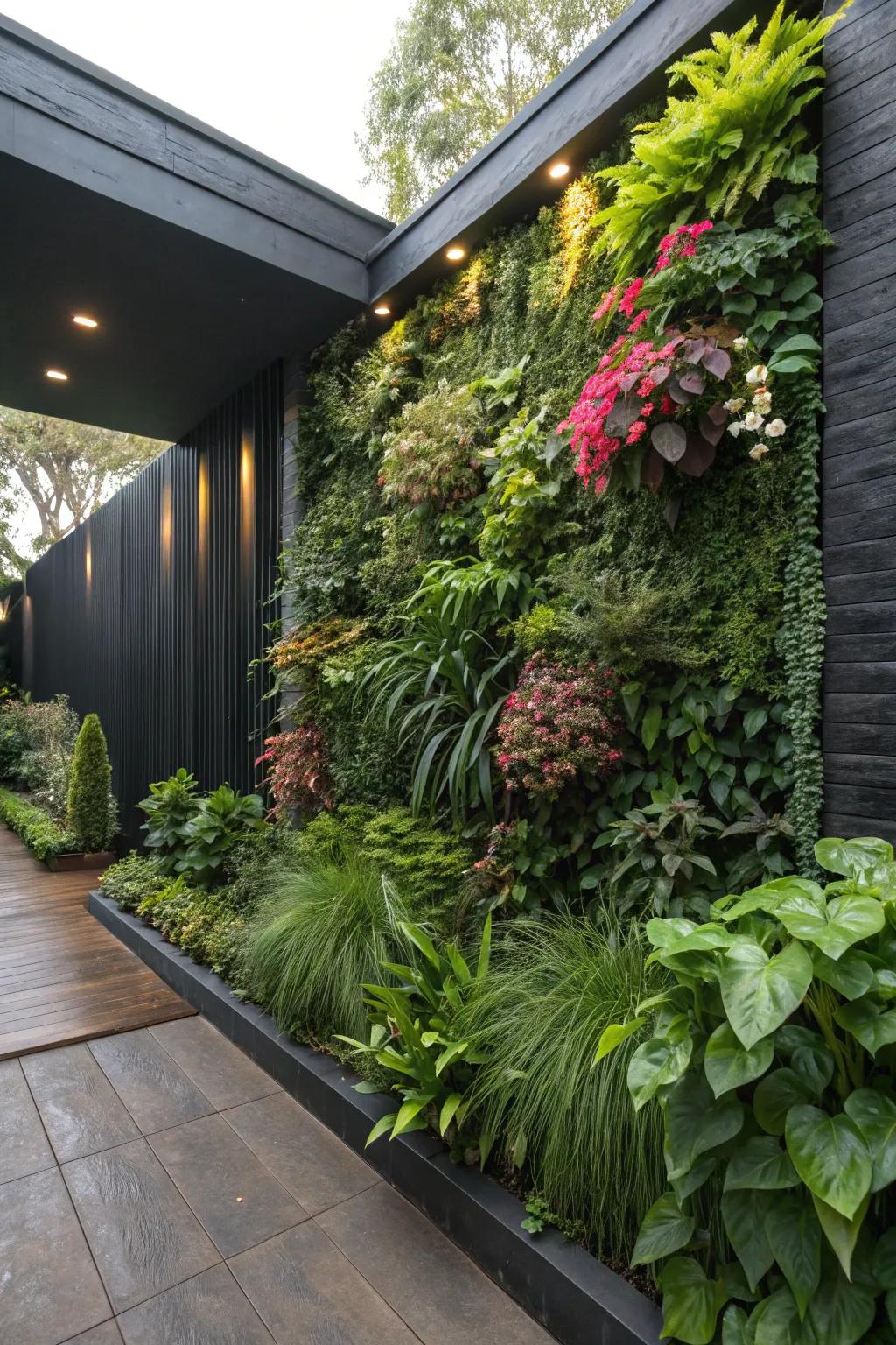 A vertical garden creates a lush backdrop for the black patio.