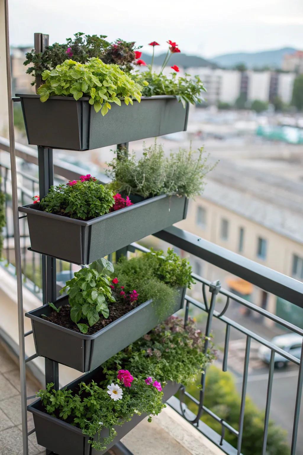 Tiered flower boxes add depth and dimension to your railing setup.