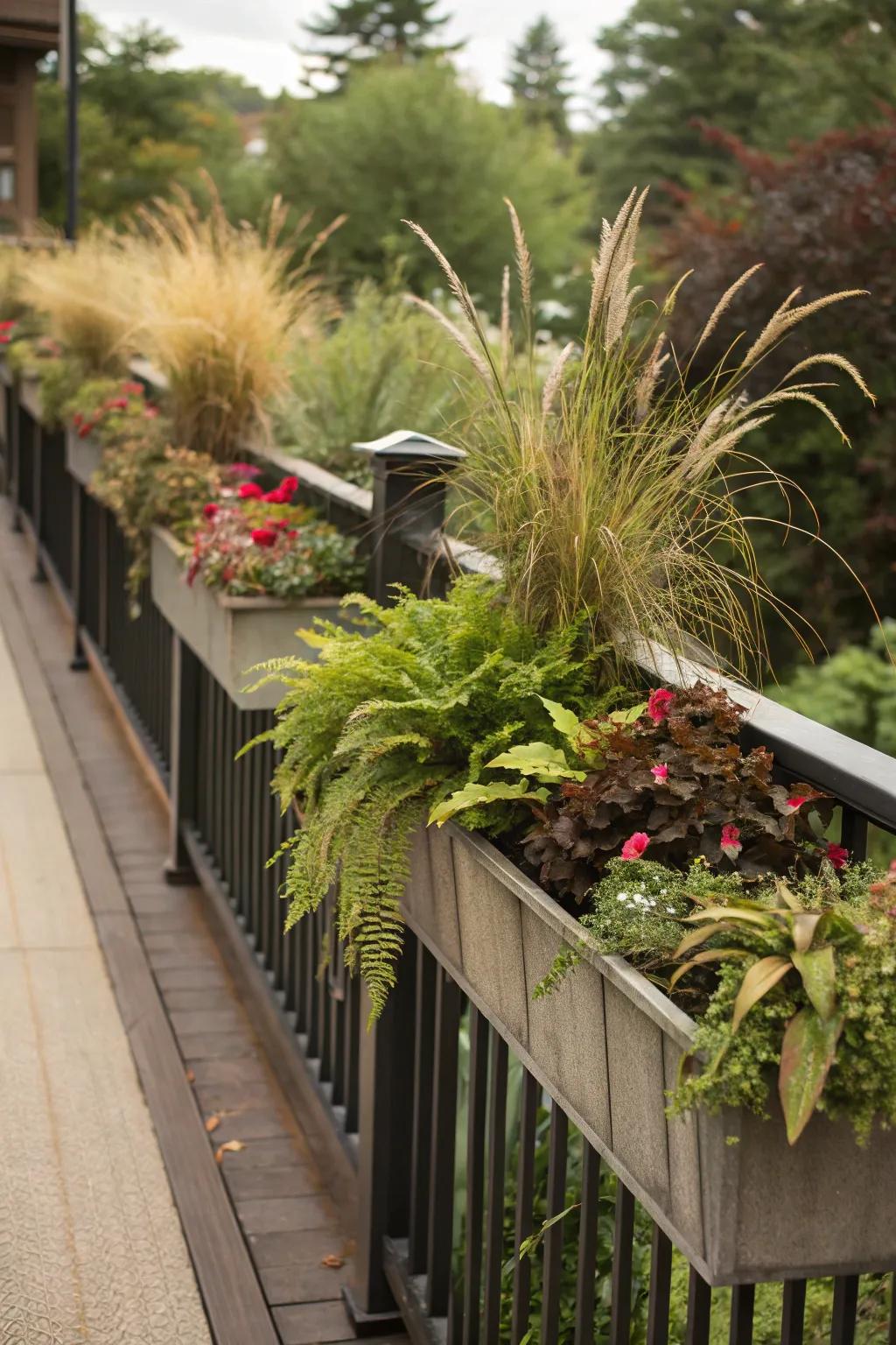 A mix of plant textures creates visual drama on your railing garden.