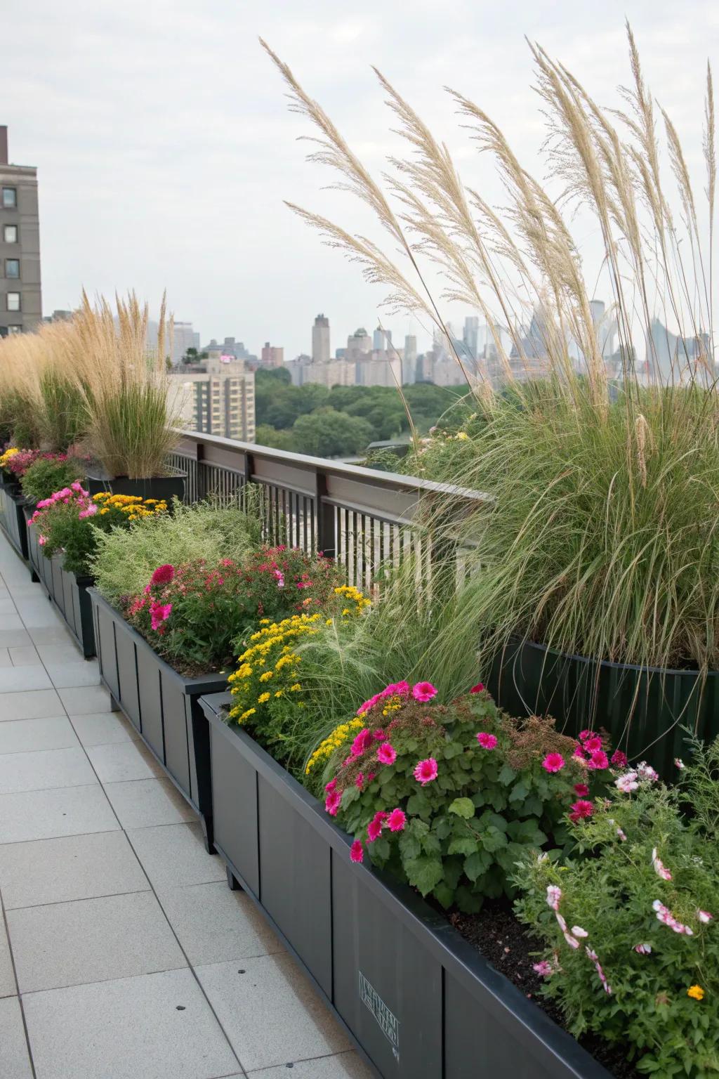 Tall plants in flower boxes can transform railings into privacy screens.