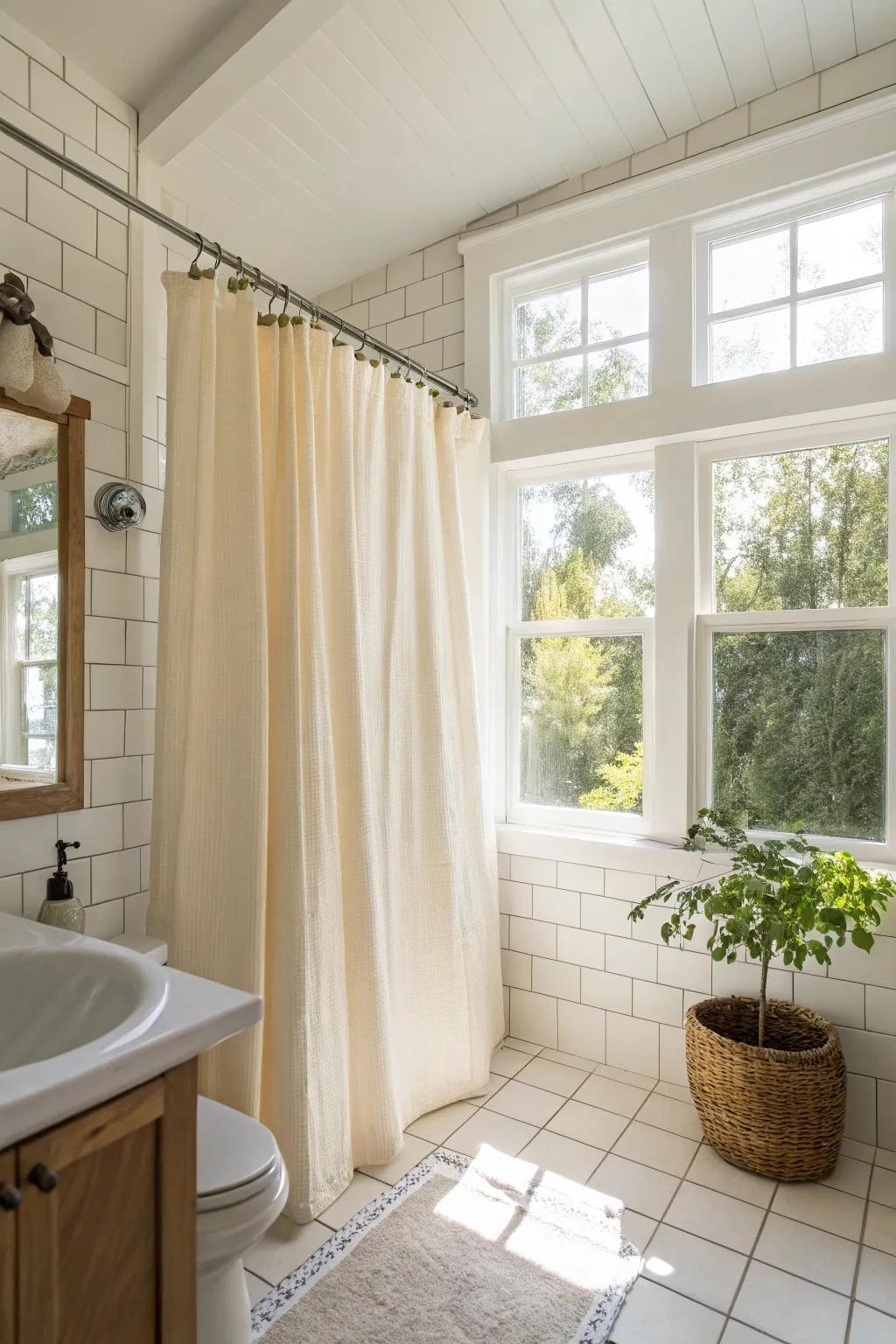 Light colors maximize natural light for a bright and airy bathroom.
