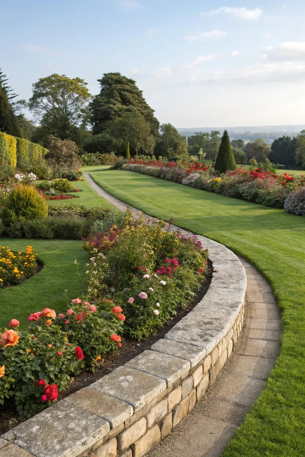 Curved stone edging offers a smooth transition between lawn and flowerbed.