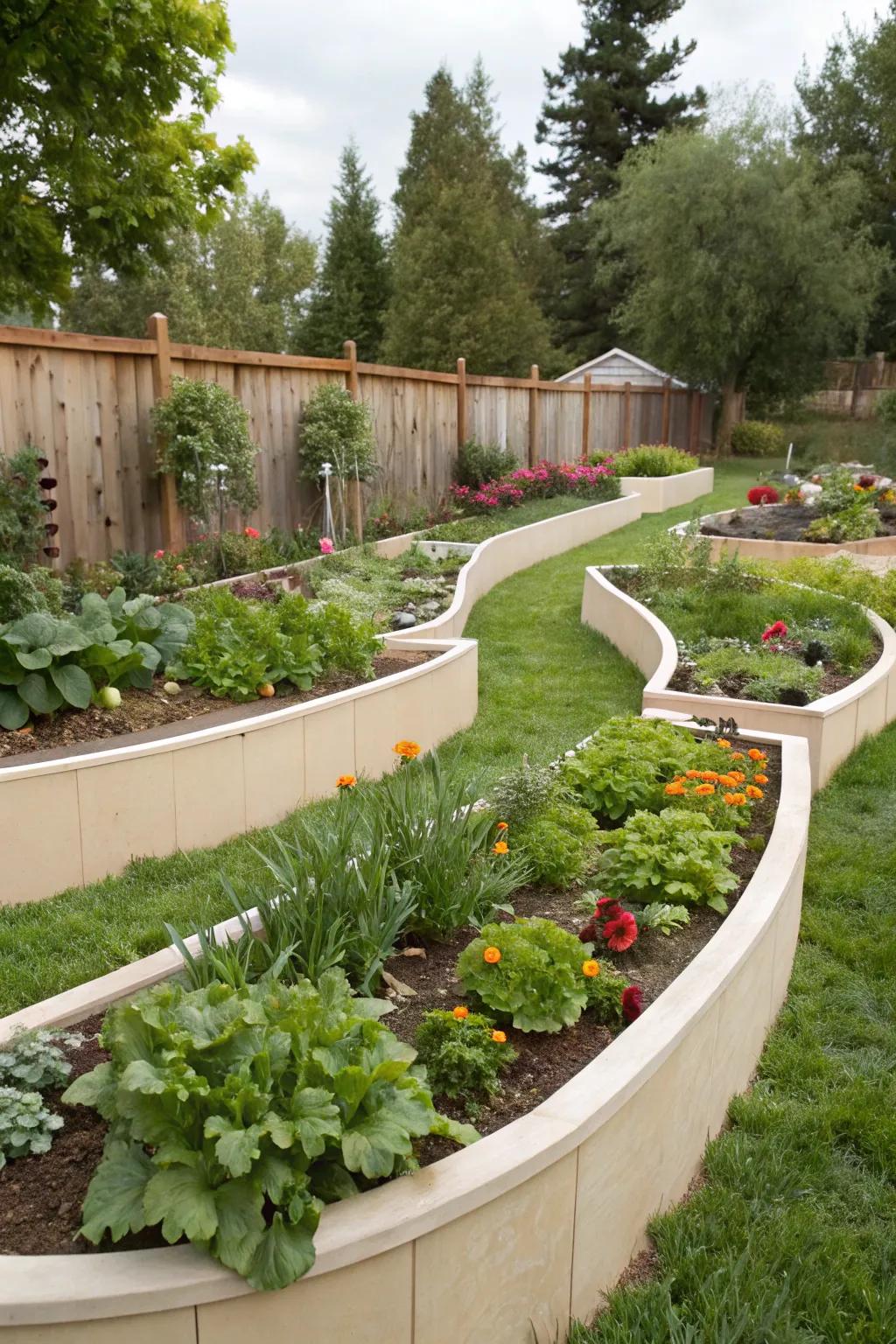 Curved garden beds add a dynamic element to planting areas.