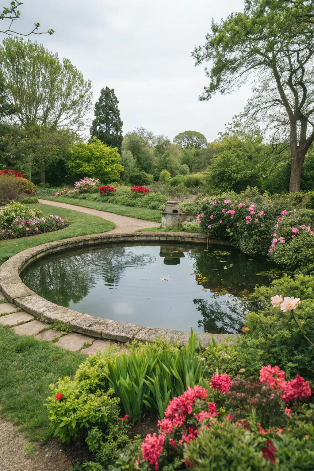 A circular pond becomes a tranquil focal point in any garden.