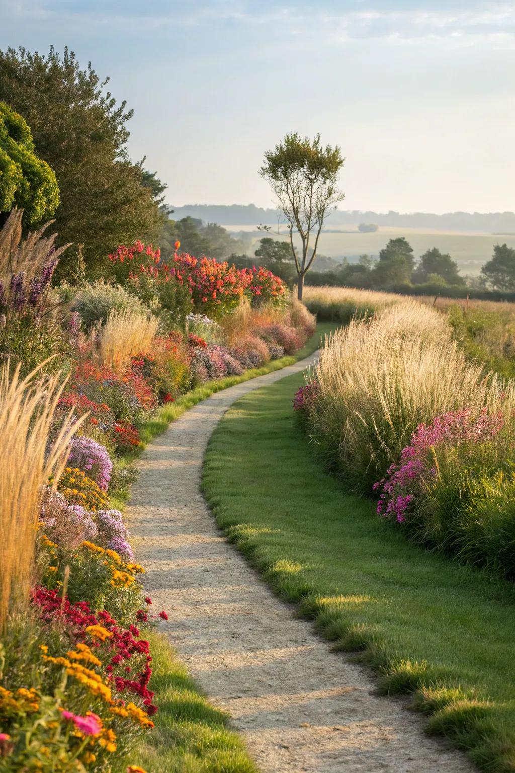 A gentle, curved pathway guides you through a garden's lush scenery.